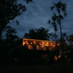 lit wedding venue at night